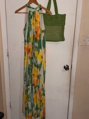 Floral Halter Maxi Dress in Green and Yellow